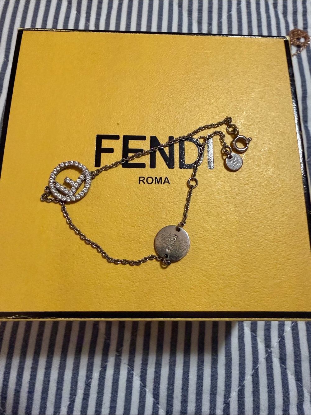 Fendi Silver and Crystal FF Charm Bracelet - Length 8 inches